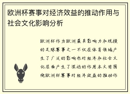 欧洲杯赛事对经济效益的推动作用与社会文化影响分析