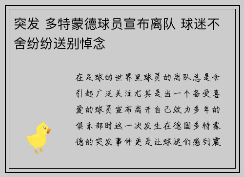 突发 多特蒙德球员宣布离队 球迷不舍纷纷送别悼念