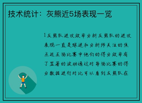 技术统计：灰熊近5场表现一览
