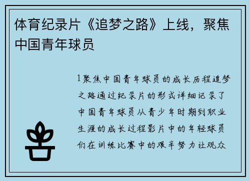 体育纪录片《追梦之路》上线，聚焦中国青年球员