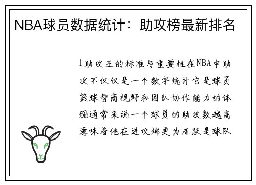NBA球员数据统计：助攻榜最新排名