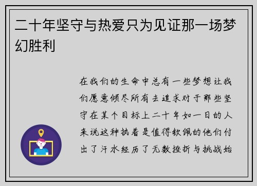 二十年坚守与热爱只为见证那一场梦幻胜利